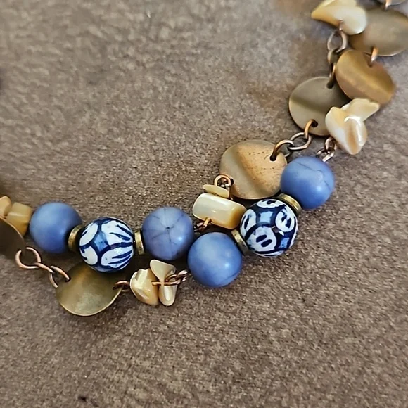 VTG Coldwater Creek Ceramic Shell Bronze Disc Beaded Chain Long Necklace - Picture 3 of 9